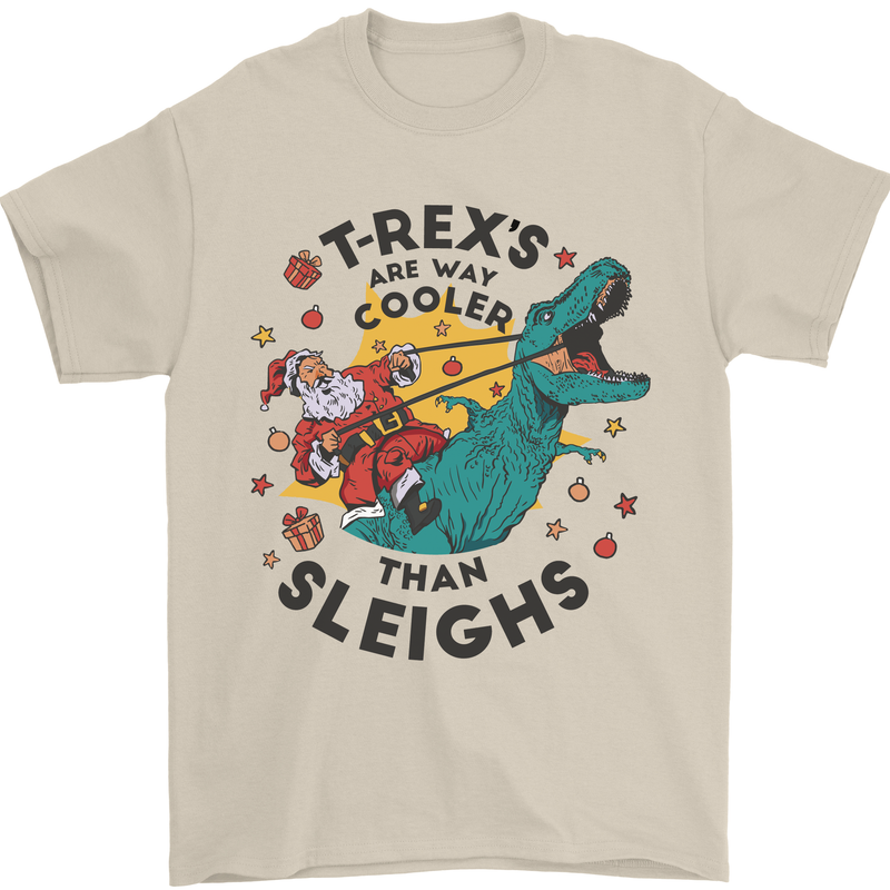 T-Rex Cooler than Sleighs Funny Christmas Mens T-Shirt Cotton Gildan Sand