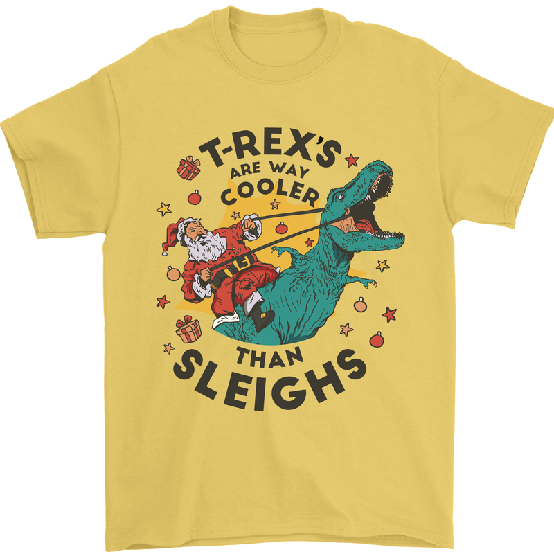 T-Rex Cooler than Sleighs Funny Christmas Mens T-Shirt Cotton Gildan Yellow