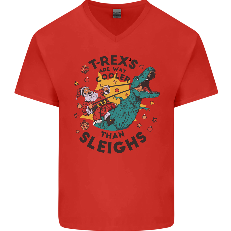 T-Rex Cooler than Sleighs Funny Christmas Mens V-Neck Cotton T-Shirt Red