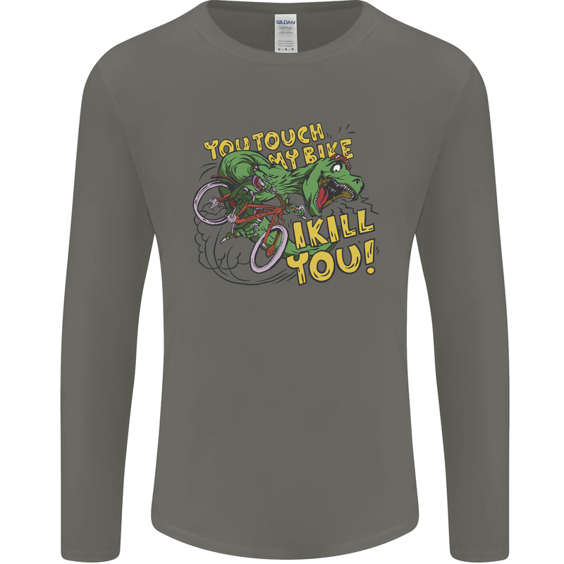 T-Rex Dinosaur Funny Cycling Cyclist Mens Long Sleeve T-Shirt Charcoal