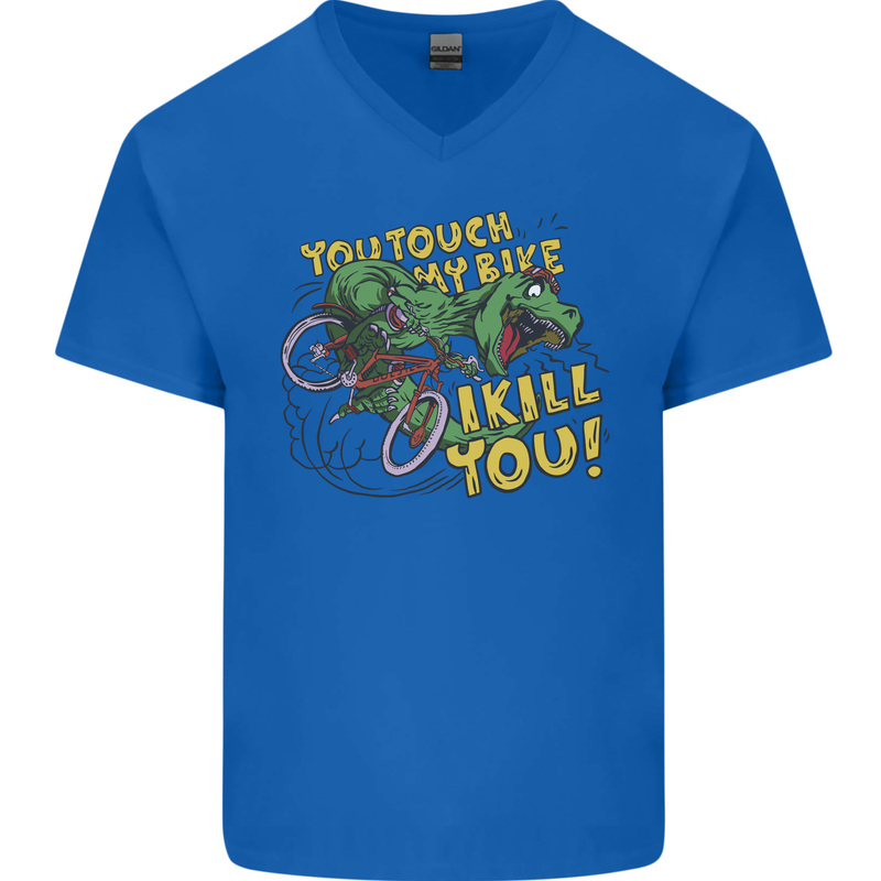 T-Rex Dinosaur Funny Cycling Cyclist Mens V-Neck Cotton T-Shirt Royal Blue