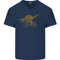 T-Rex Dinosaure Riding a Bicycle Cycling Mens V-Neck Cotton T-Shirt Navy Blue