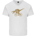T-Rex Dinosaure Riding a Bicycle Cycling Mens V-Neck Cotton T-Shirt White