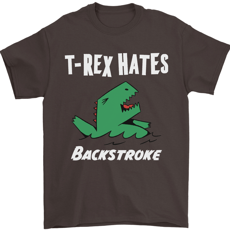 T-Rex Hates Backstroke Funny Swimmer Swim Mens T-Shirt Cotton Gildan Dark Chocolate