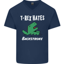 T-Rex Hates Backstroke Funny Swimmer Swim Mens V-Neck Cotton T-Shirt Navy Blue