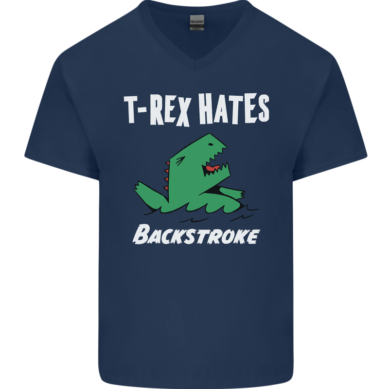 T-Rex Hates Backstroke Funny Swimmer Swim Mens V-Neck Cotton T-Shirt Navy Blue