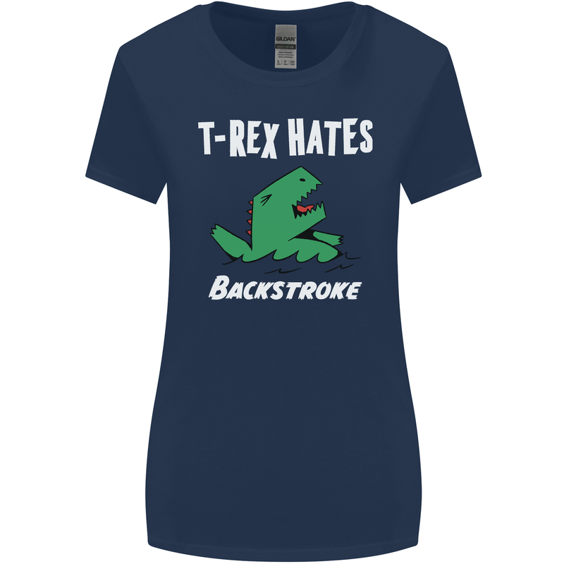 T-Rex Hates Backstroke Funny Swimmer Swim Womens Wider Cut T-Shirt Navy Blue
