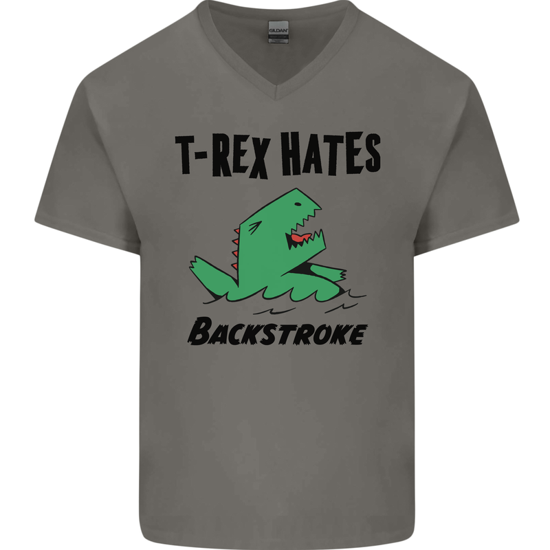 T-Rex Hates Backstroke Funny Swimming Swim Mens V-Neck Cotton T-Shirt Charcoal