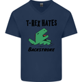 T-Rex Hates Backstroke Funny Swimming Swim Mens V-Neck Cotton T-Shirt Navy Blue