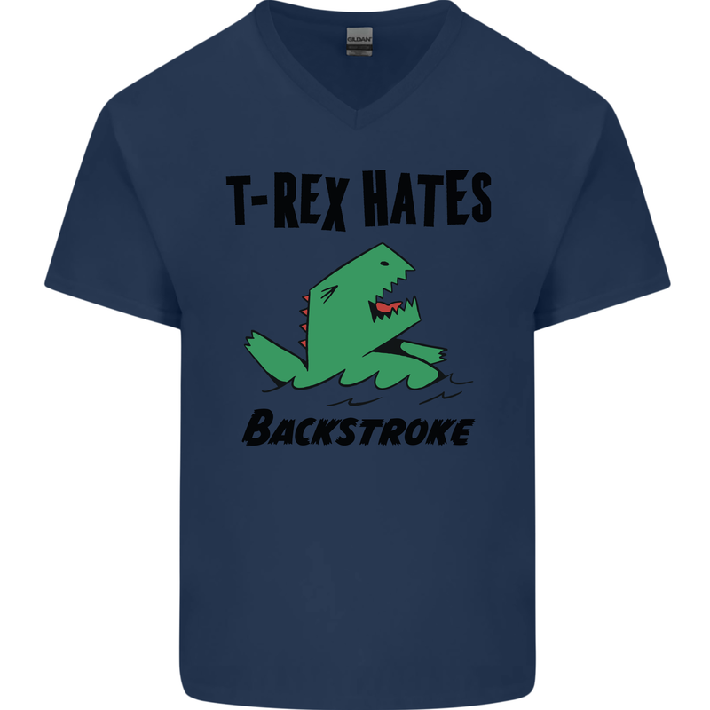 T-Rex Hates Backstroke Funny Swimming Swim Mens V-Neck Cotton T-Shirt Navy Blue