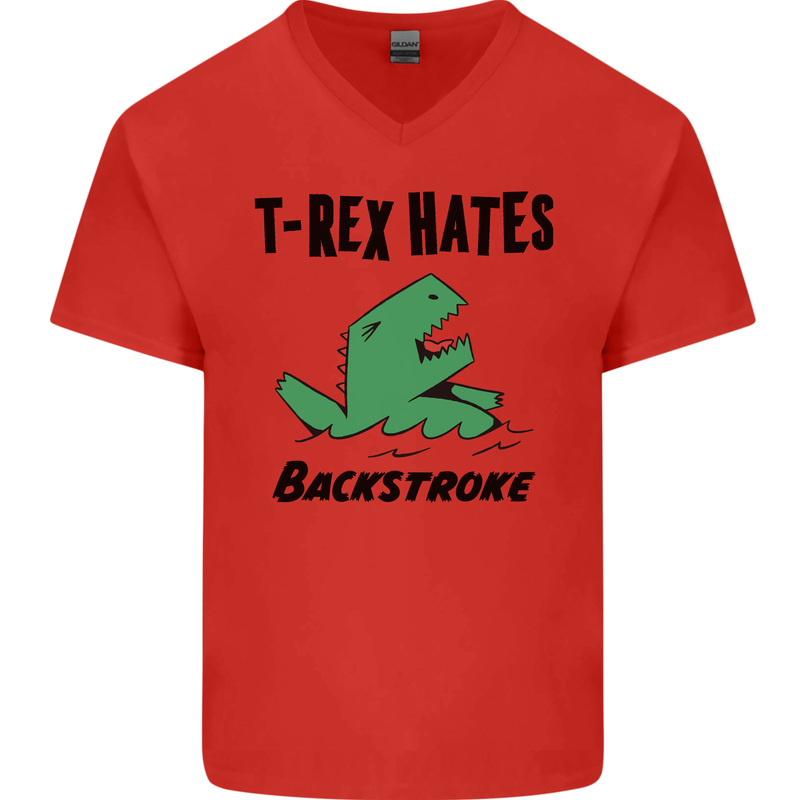T-Rex Hates Backstroke Funny Swimming Swim Mens V-Neck Cotton T-Shirt Red