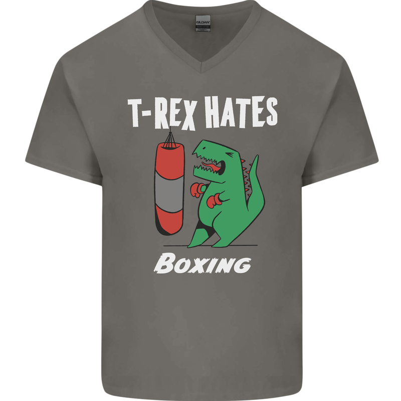 T-Rex Hates Boxing Funny Boxer Sport MMA Mens V-Neck Cotton T-Shirt Charcoal