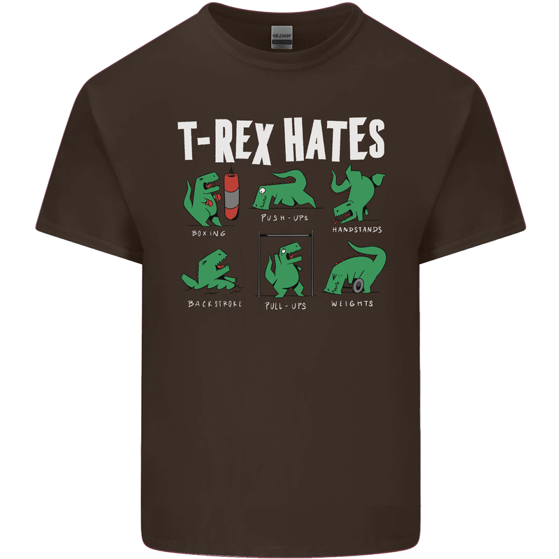 T-Rex Hates Funny Dinosaurs Jurassic Gym Mens Cotton T-Shirt Tee Top Dark Chocolate