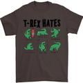 T-Rex Hates Funny Dinosaurs Jurassic Gym Mens T-Shirt Cotton Gildan Dark Chocolate