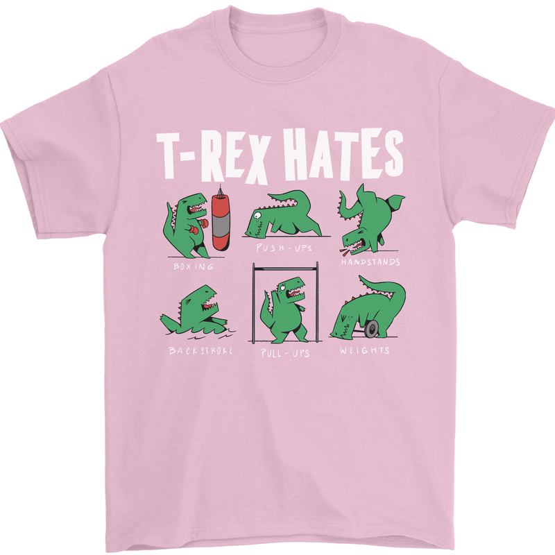 T-Rex Hates Funny Dinosaurs Jurassic Gym Mens T-Shirt Cotton Gildan Light Pink