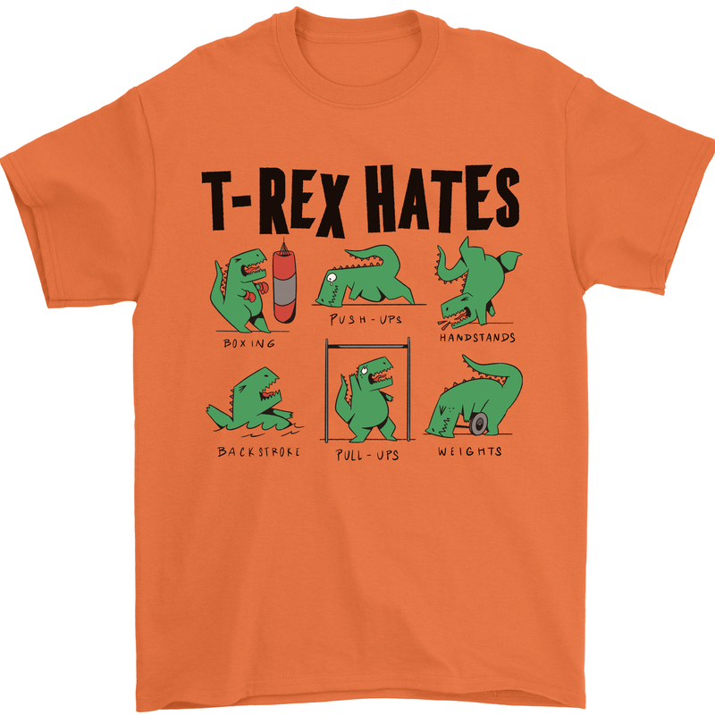 T-Rex Hates Funny Dinosaurs Jurassic Gym Mens T-Shirt Cotton Gildan Orange