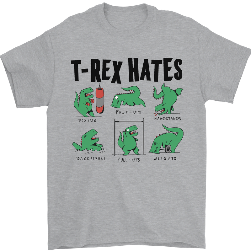 T-Rex Hates Funny Dinosaurs Jurassic Gym Mens T-Shirt Cotton Gildan Sports Grey