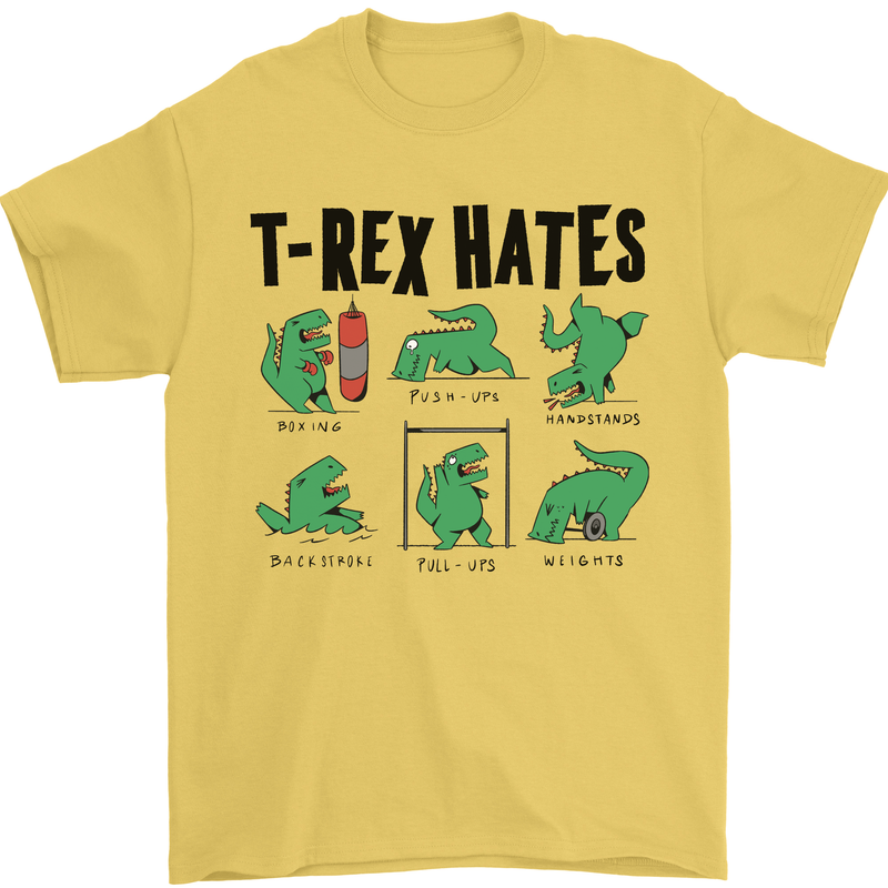 T-Rex Hates Funny Dinosaurs Jurassic Gym Mens T-Shirt Cotton Gildan Yellow