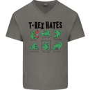 T-Rex Hates Funny Dinosaurs Jurassic Gym Mens V-Neck Cotton T-Shirt Charcoal