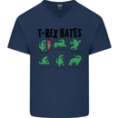 T-Rex Hates Funny Dinosaurs Jurassic Gym Mens V-Neck Cotton T-Shirt Navy Blue