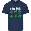 T-Rex Hates Funny Dinosaurs Jurassic Gym Mens V-Neck Cotton T-Shirt Navy Blue