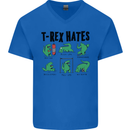 T-Rex Hates Funny Dinosaurs Jurassic Gym Mens V-Neck Cotton T-Shirt Royal Blue