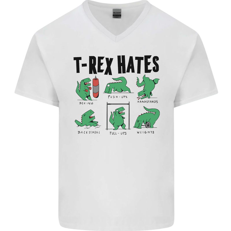 T-Rex Hates Funny Dinosaurs Jurassic Gym Mens V-Neck Cotton T-Shirt White