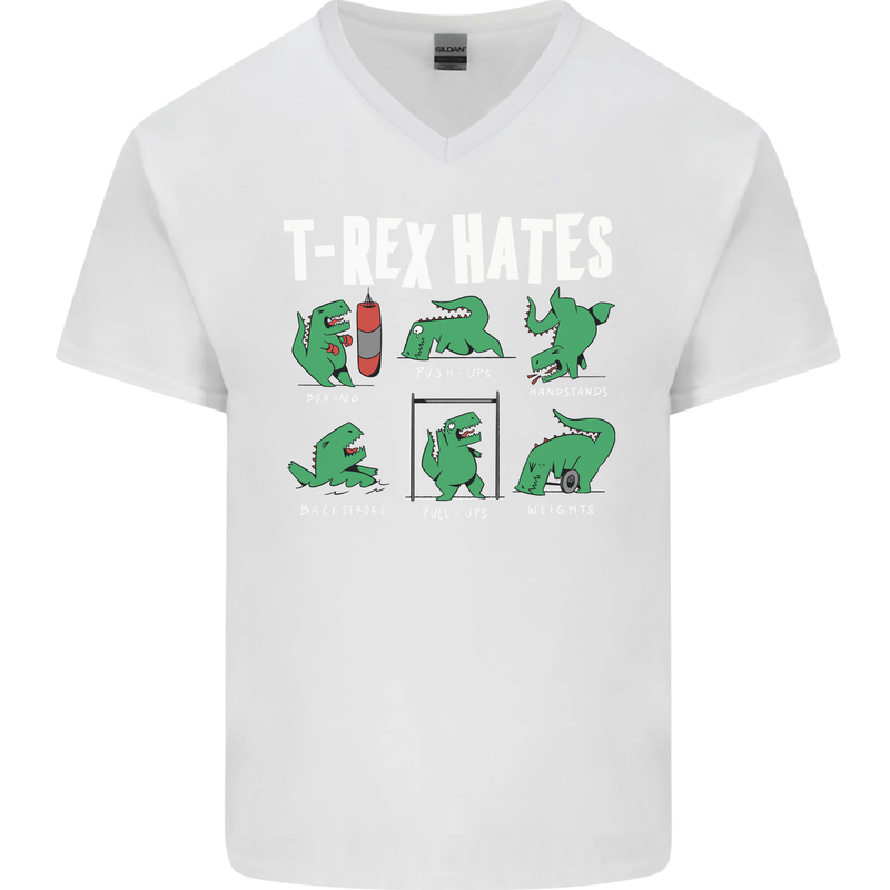 T-Rex Hates Funny Dinosaurs Jurassic Gym Mens V-Neck Cotton T-Shirt White