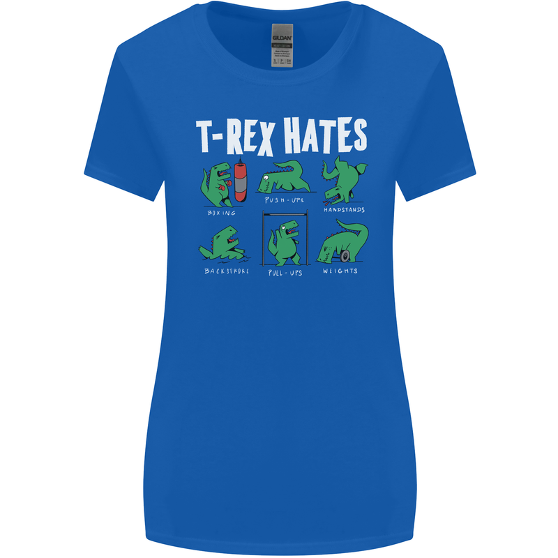 T-Rex Hates Funny Dinosaurs Jurassic Gym Womens Wider Cut T-Shirt Royal Blue