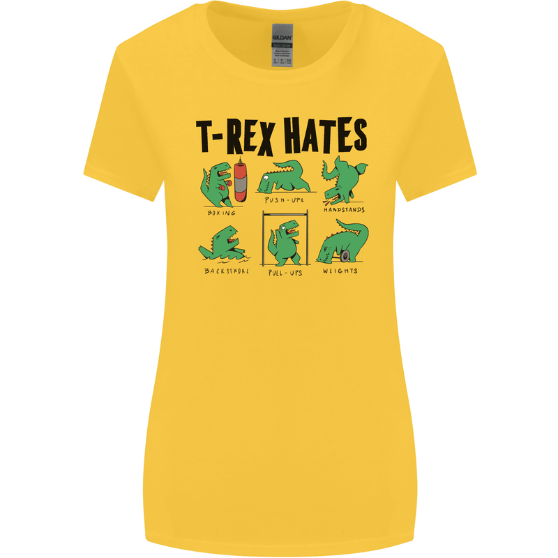 T-Rex Hates Funny Dinosaurs Jurassic Gym Womens Wider Cut T-Shirt Yellow