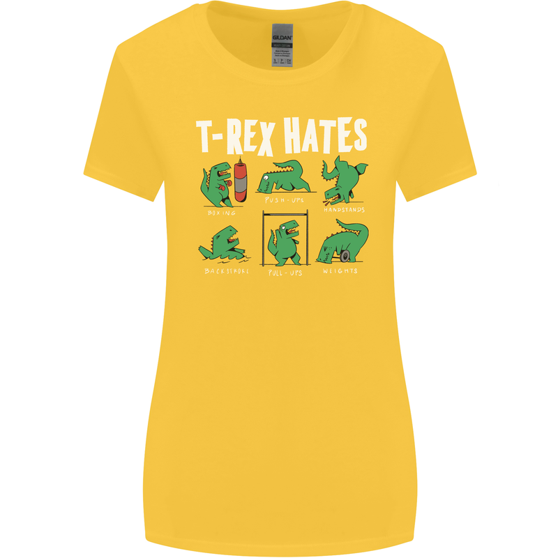 T-Rex Hates Funny Dinosaurs Jurassic Gym Womens Wider Cut T-Shirt Yellow