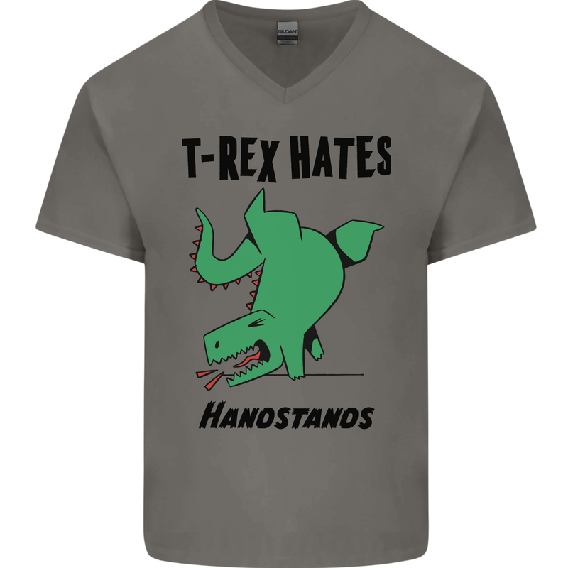 T-Rex Hates Handstands Funny Dinosaurs Mens V-Neck Cotton T-Shirt Charcoal