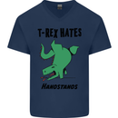 T-Rex Hates Handstands Funny Dinosaurs Mens V-Neck Cotton T-Shirt Navy Blue