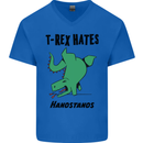 T-Rex Hates Handstands Funny Dinosaurs Mens V-Neck Cotton T-Shirt Royal Blue