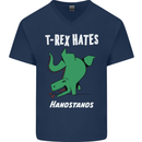 T-Rex Hates Handstands Gymnastics Dinosaur Mens V-Neck Cotton T-Shirt Navy Blue