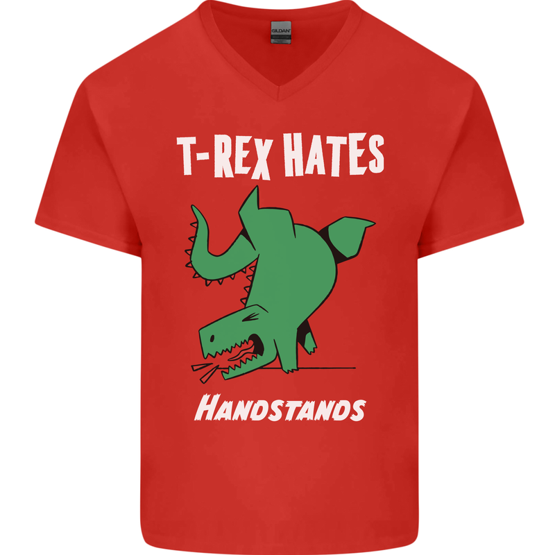 T-Rex Hates Handstands Gymnastics Dinosaur Mens V-Neck Cotton T-Shirt Red