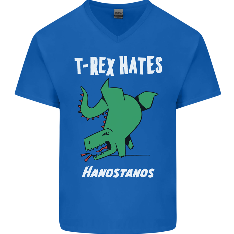 T-Rex Hates Handstands Gymnastics Dinosaur Mens V-Neck Cotton T-Shirt Royal Blue