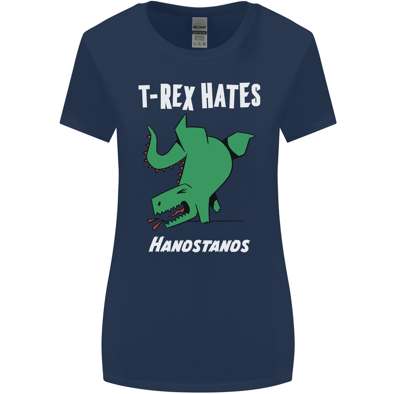 T-Rex Hates Handstands Gymnastics Dinosaur Womens Wider Cut T-Shirt Navy Blue
