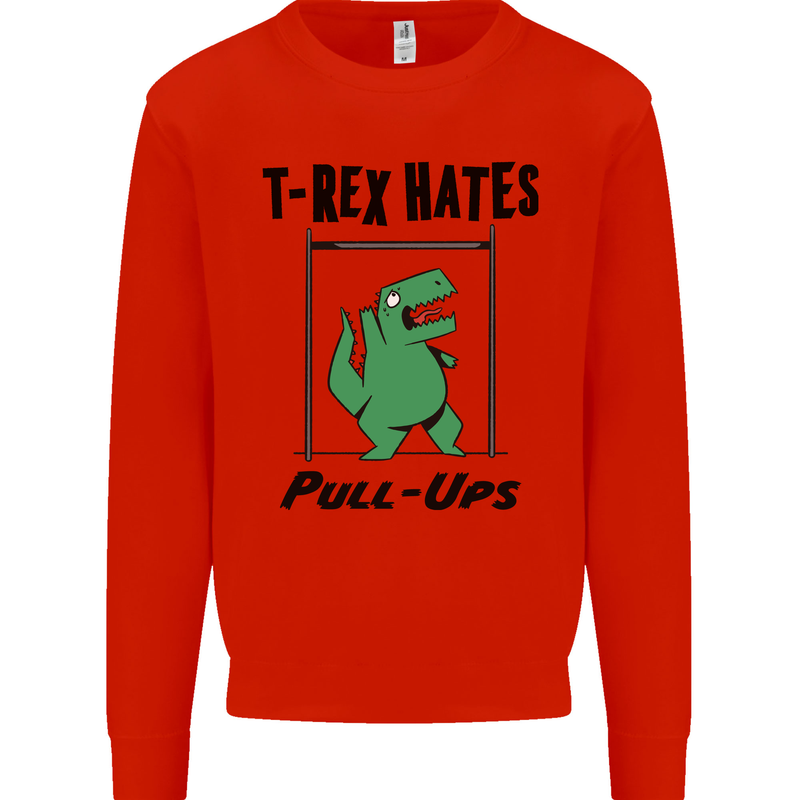 T-Rex Hates Pull Ups Funny Gym Dinosaurs Kids Sweatshirt Jumper Bright Red