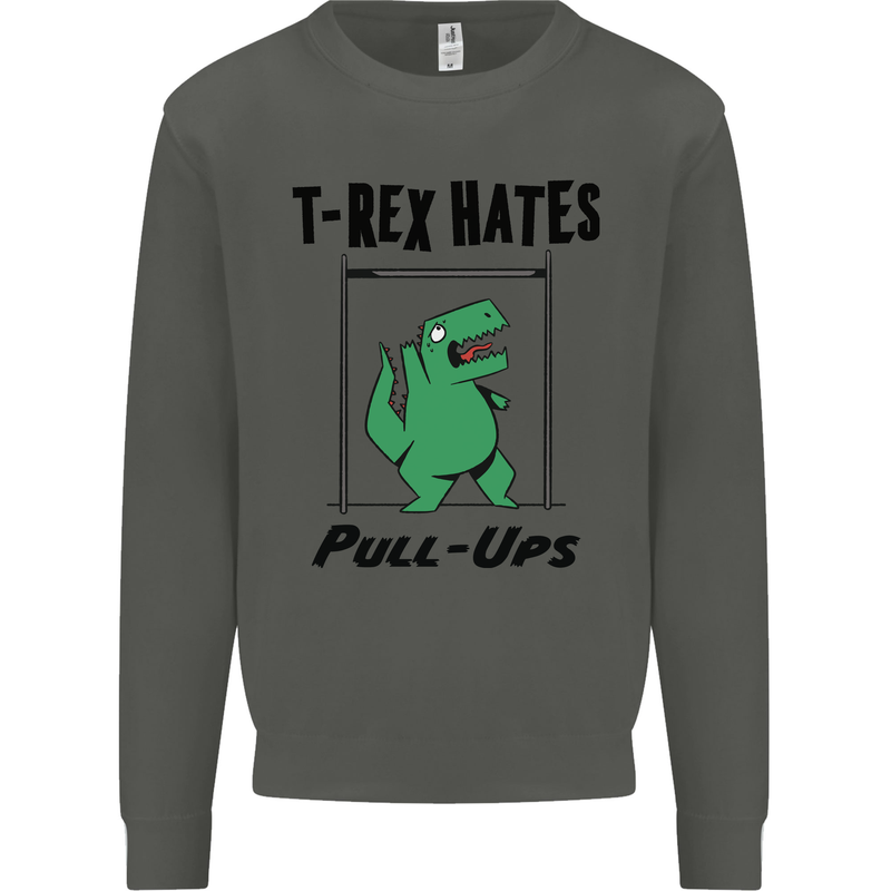 T-Rex Hates Pull Ups Funny Gym Dinosaurs Kids Sweatshirt Jumper Storm Grey