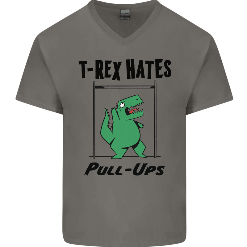 T-Rex Hates Pull Ups Funny Gym Dinosaurs Mens V-Neck Cotton T-Shirt Charcoal