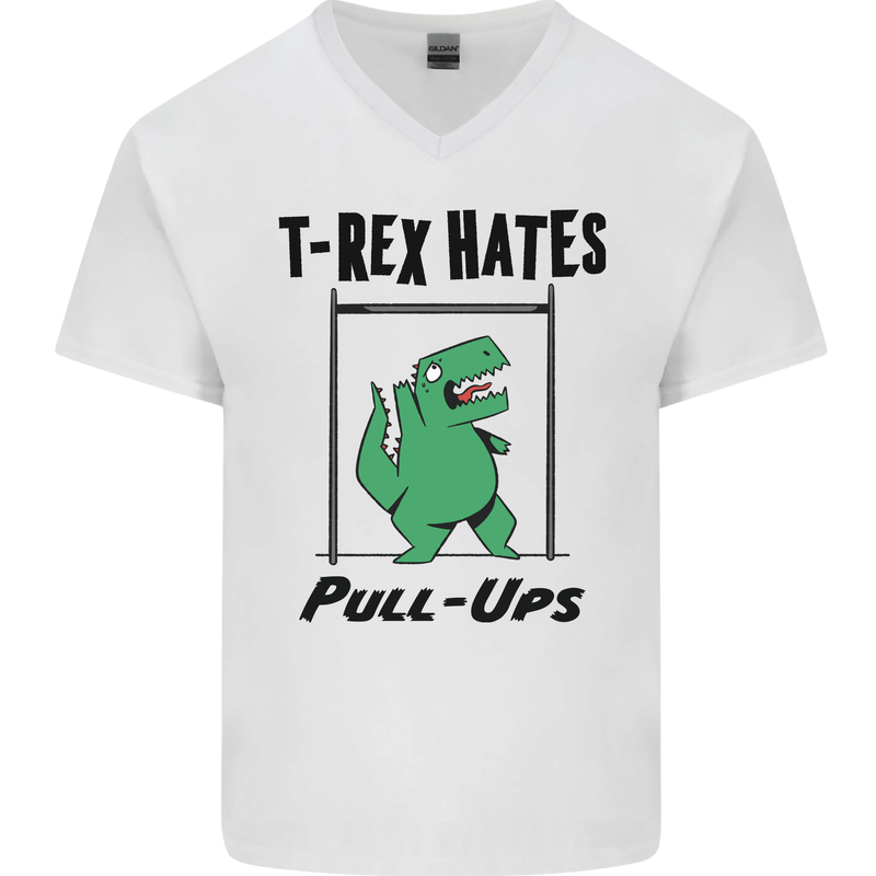 T-Rex Hates Pull Ups Funny Gym Dinosaurs Mens V-Neck Cotton T-Shirt White