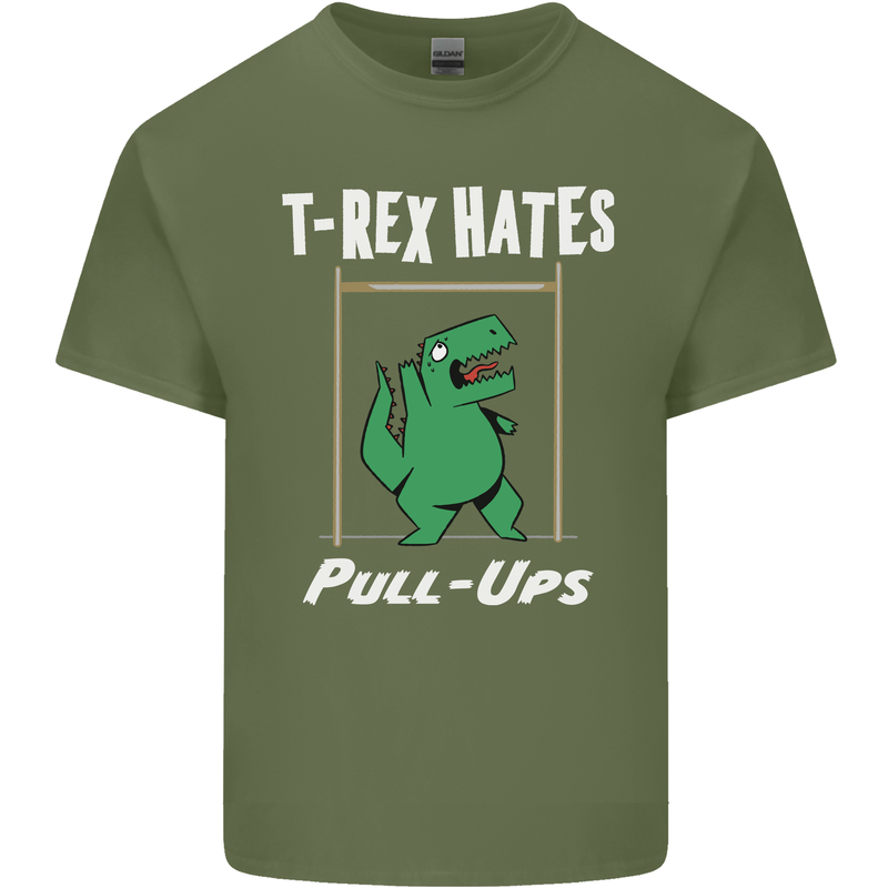 T-Rex Hates Pull Ups Gym Funny Dinosaurs Mens Cotton T-Shirt Tee Top Military Green