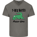 T-Rex Hates Push Ups Funny Gym Dinosaurs Mens V-Neck Cotton T-Shirt Charcoal
