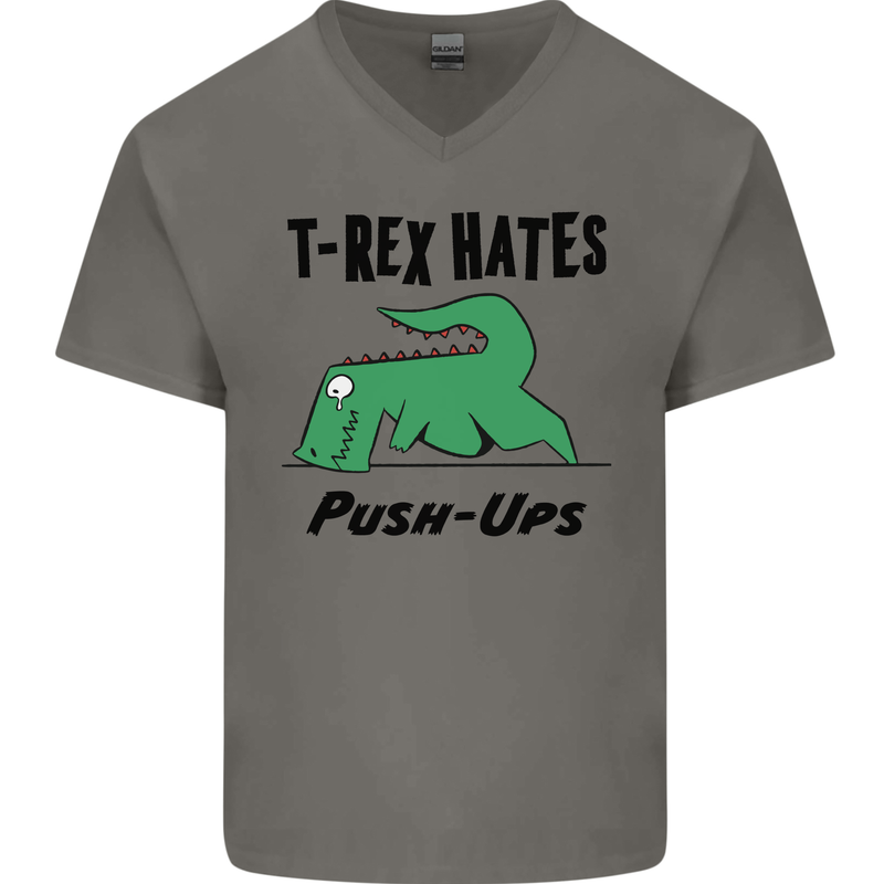 T-Rex Hates Push Ups Funny Gym Dinosaurs Mens V-Neck Cotton T-Shirt Charcoal