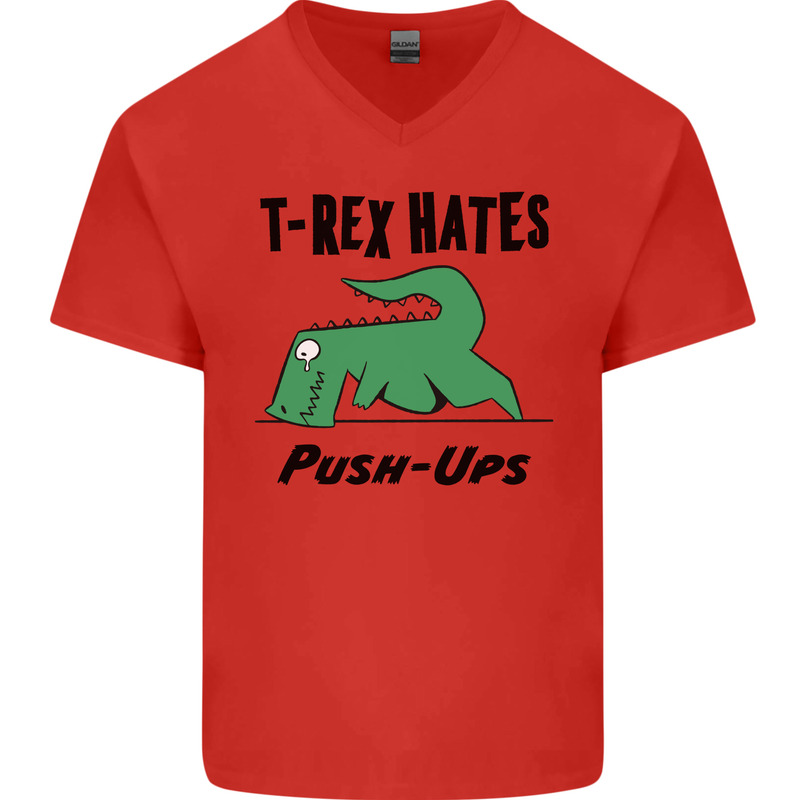 T-Rex Hates Push Ups Funny Gym Dinosaurs Mens V-Neck Cotton T-Shirt Red