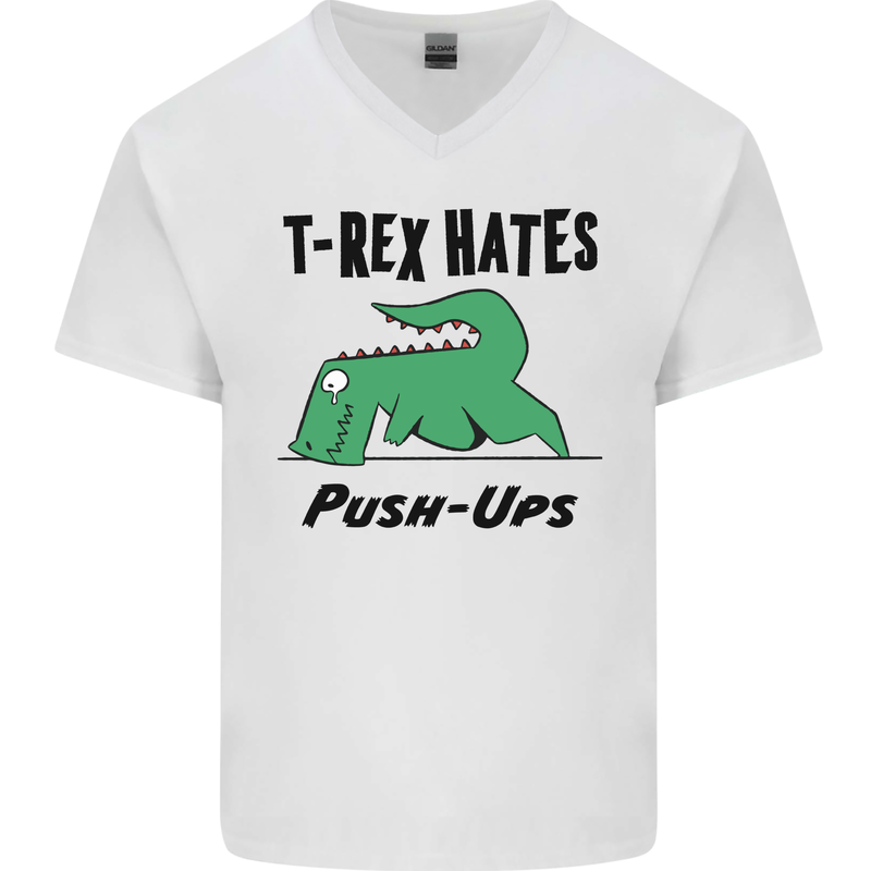 T-Rex Hates Push Ups Funny Gym Dinosaurs Mens V-Neck Cotton T-Shirt White
