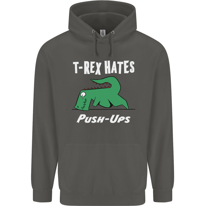 T-Rex Hates Push Ups Gym Funny Dinosaurs Childrens Kids Hoodie Storm Grey