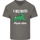 T-Rex Hates Push Ups Gym Funny Dinosaurs Mens V-Neck Cotton T-Shirt Charcoal
