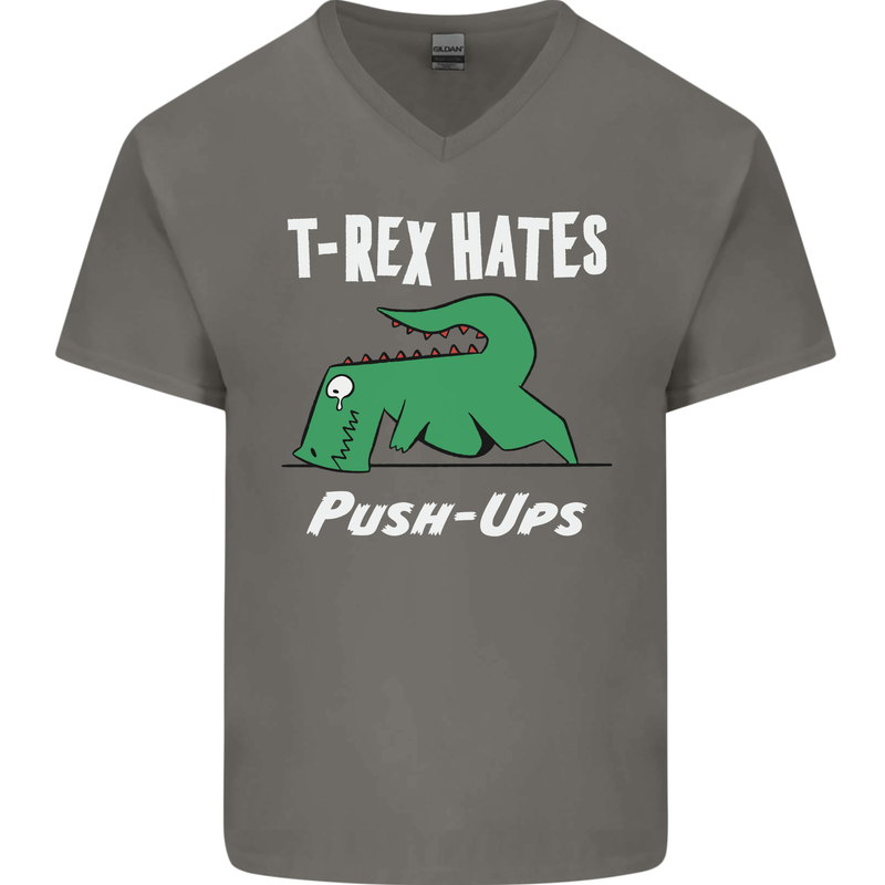 T-Rex Hates Push Ups Gym Funny Dinosaurs Mens V-Neck Cotton T-Shirt Charcoal